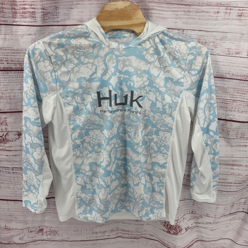 Huk Performance Shirt Mens Large Fishing Hoodie Blue White Camo Performance